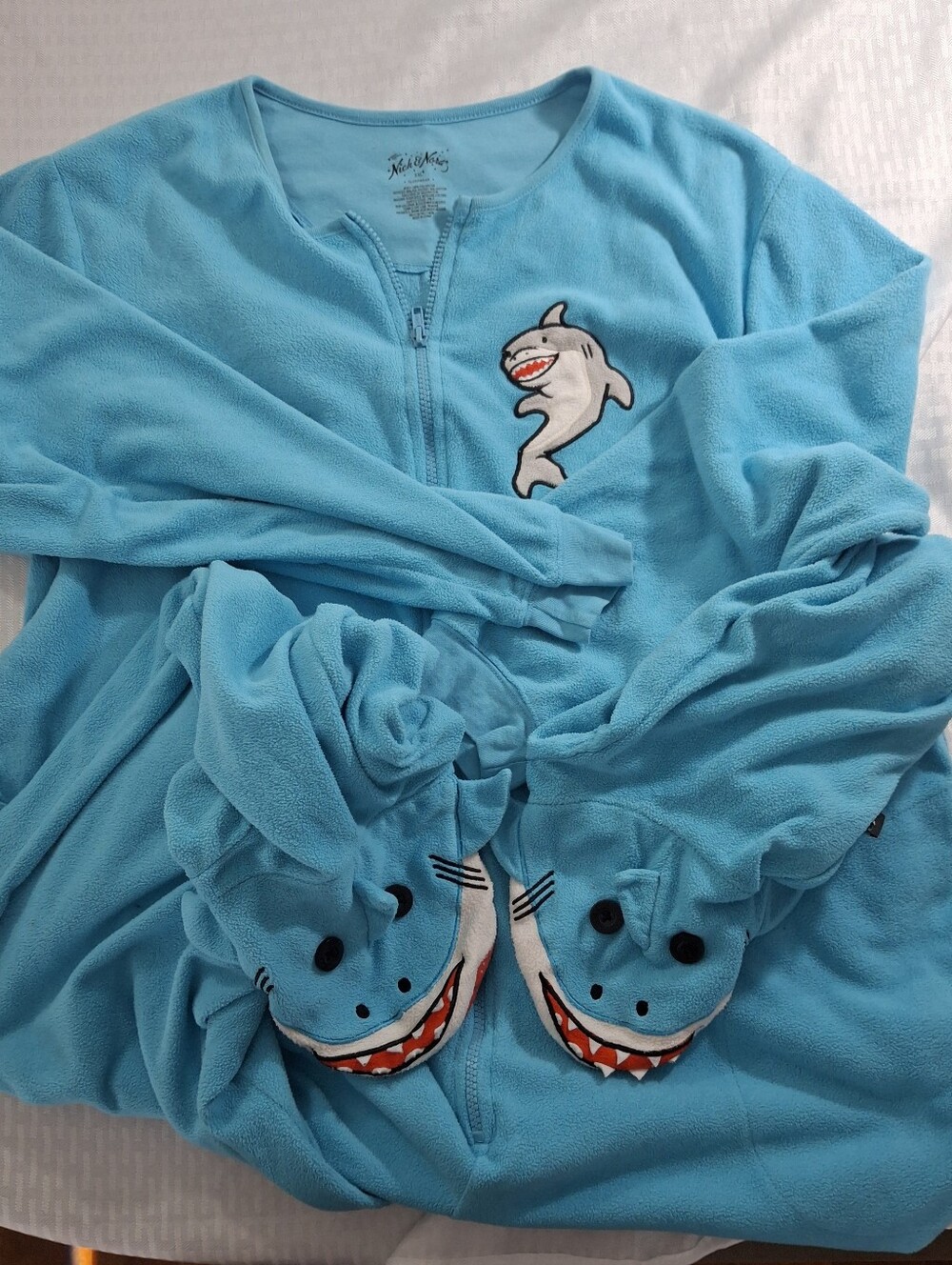 Nick & Nora Blue Shark Fleece Onesie Pajamas. Ladies XXL. Excellent Shape